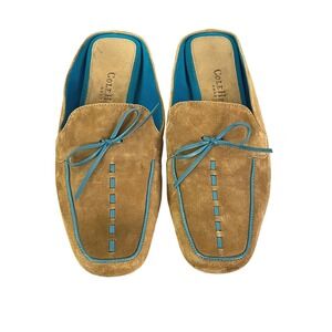 Cole Haan Home Mules Womens 8 Brown Turquoise Suede Bow Square Toe Slippers